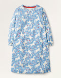 Gemustertes Nachthemd mit langen Ärmeln-Blau, Einhorn/Blumenmuster