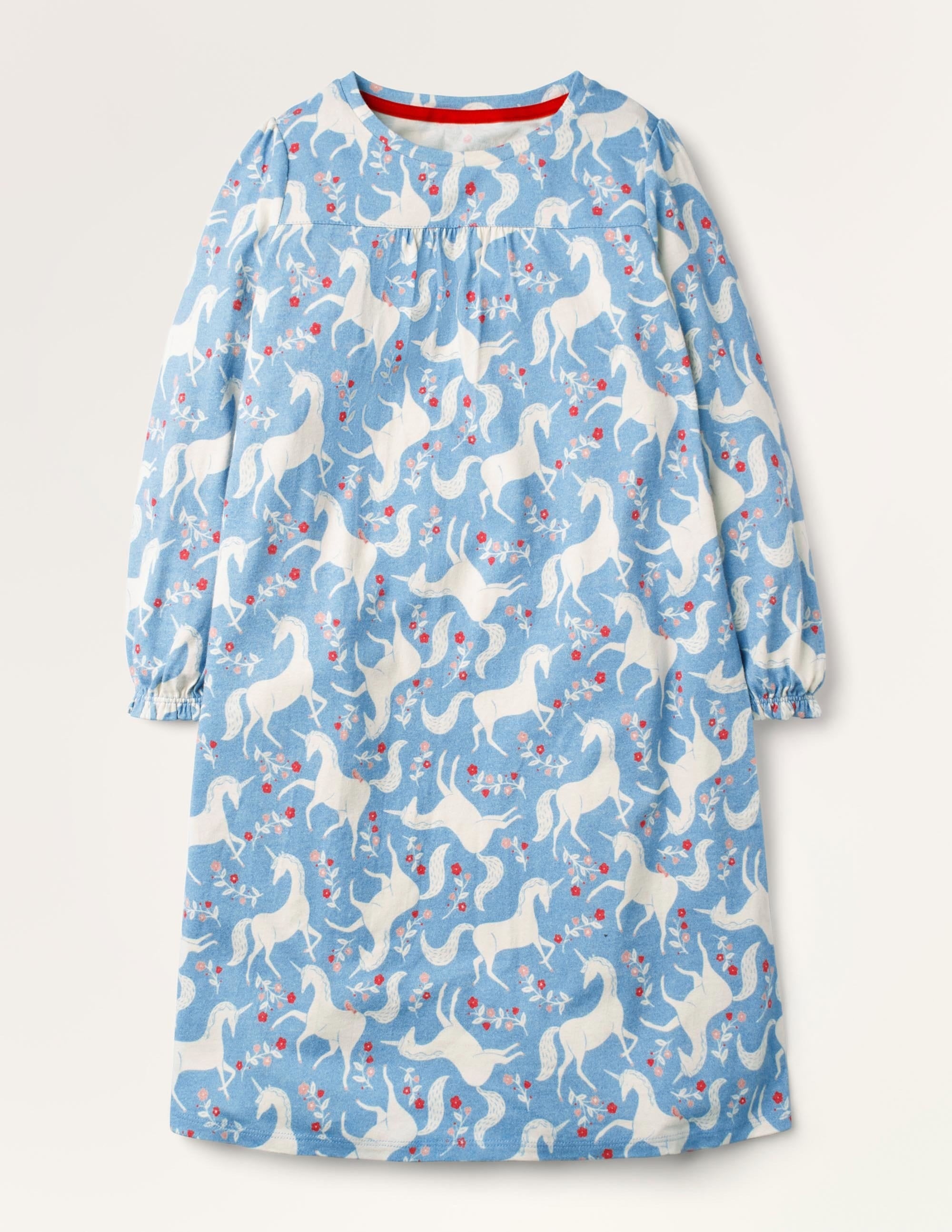 Gemustertes Nachthemd mit langen Ärmeln-Blau, Einhorn/Blumenmuster - Image 1