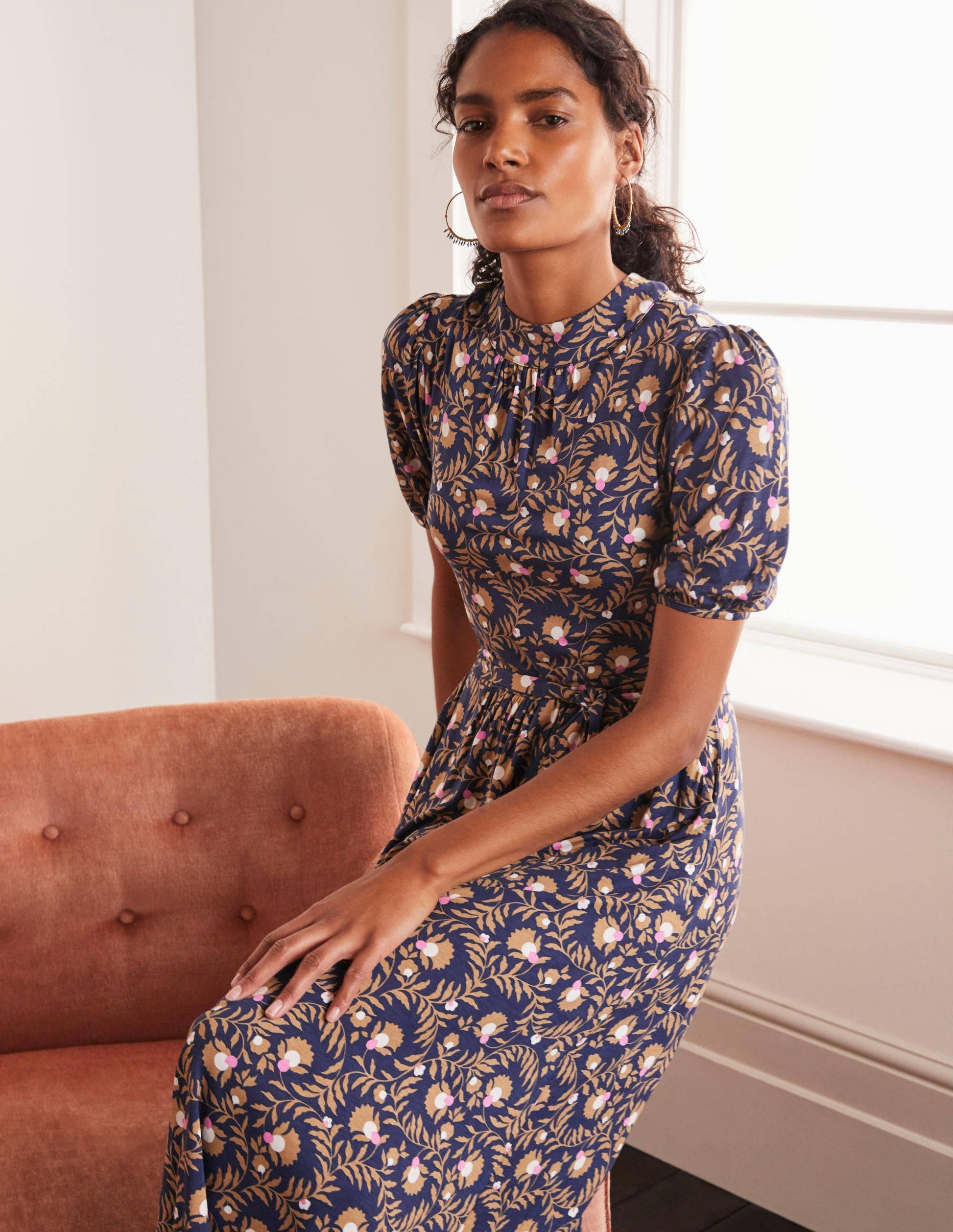 Flora Jerseykleid mit Puffärmeln-Navy, Wilde Brombeere-2