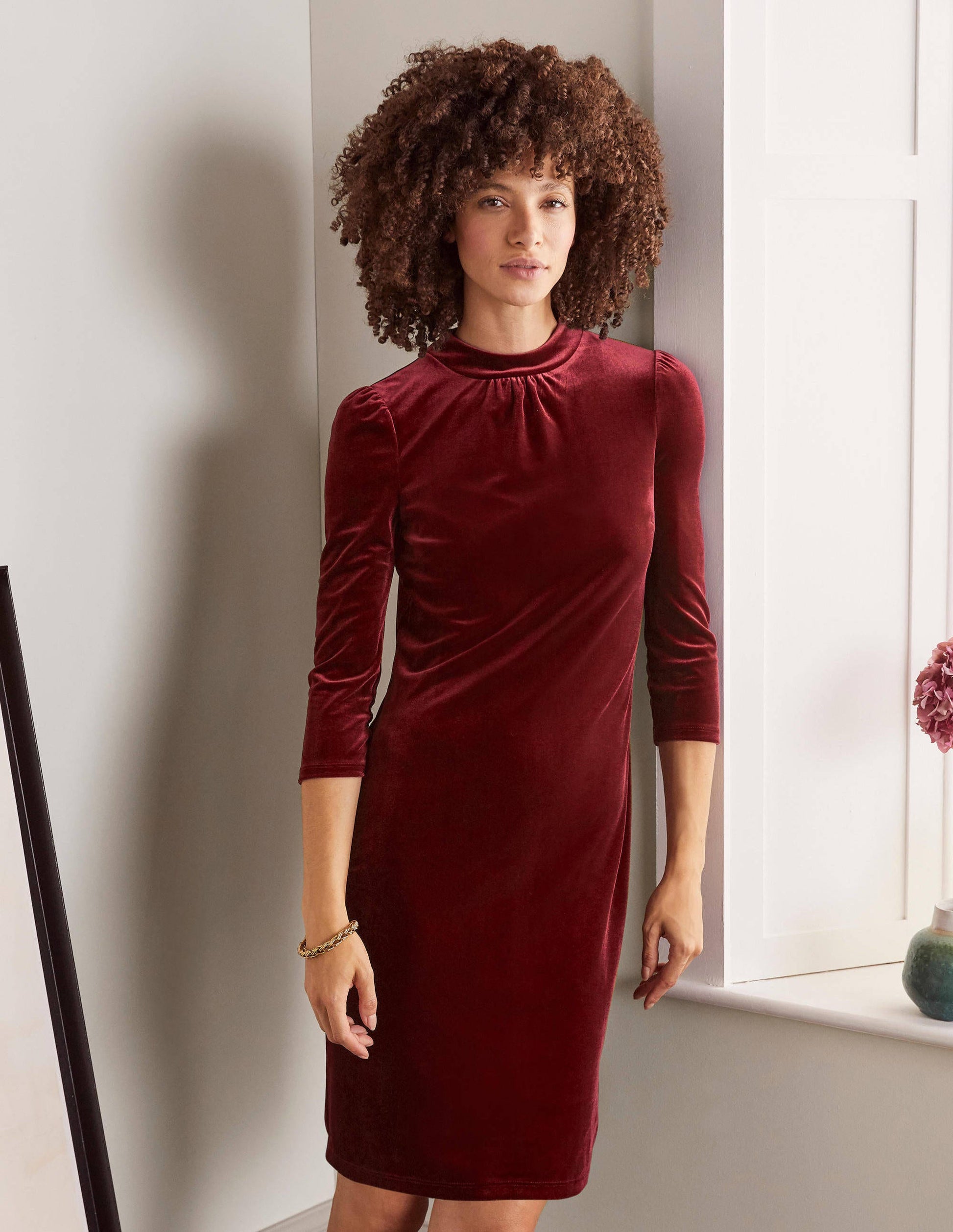 Robe droite Livia en velours-Rubis-2
