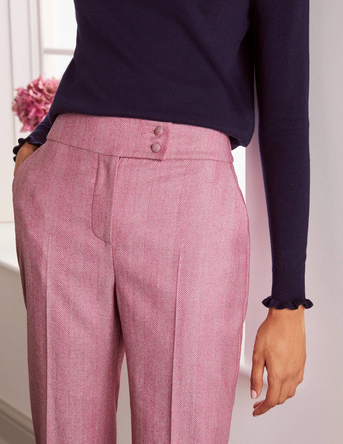 Kennford Tweed Trousers-Pink Herringbone - Image 3