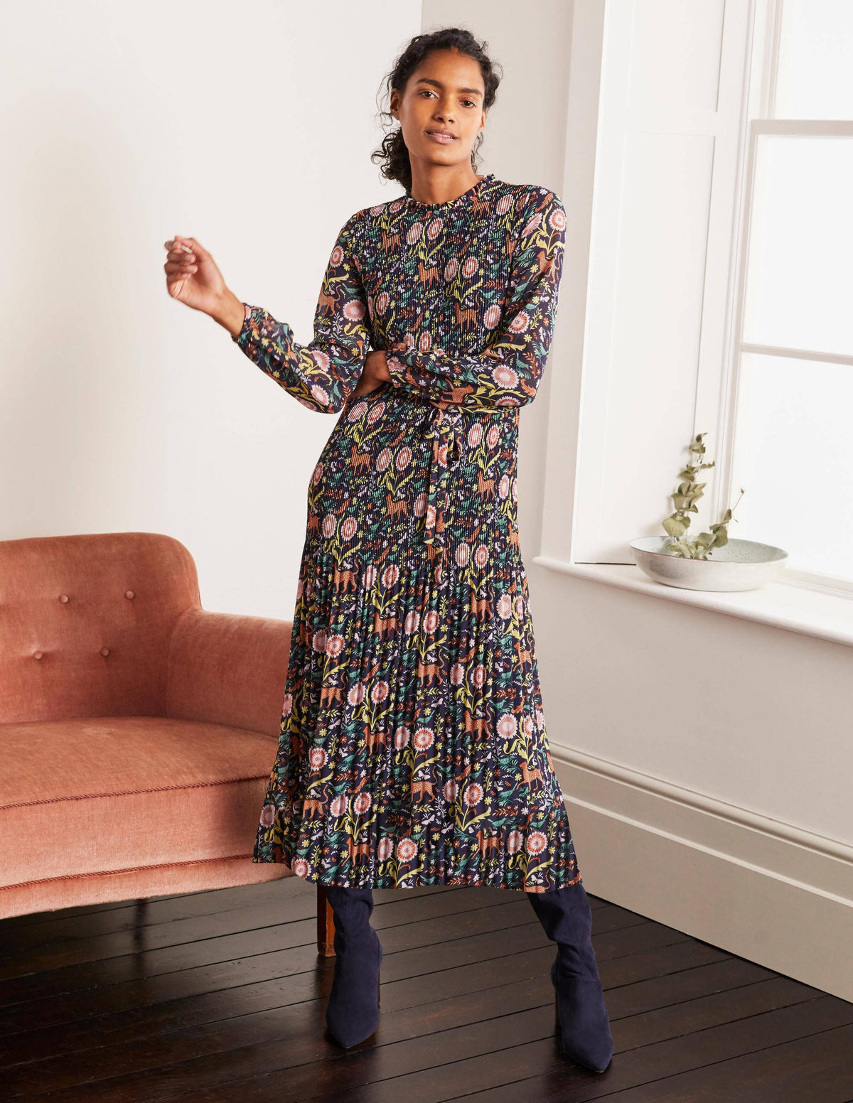 Nell Plissiertes Kleid-Navy/Bunt, Magischer Garten-1