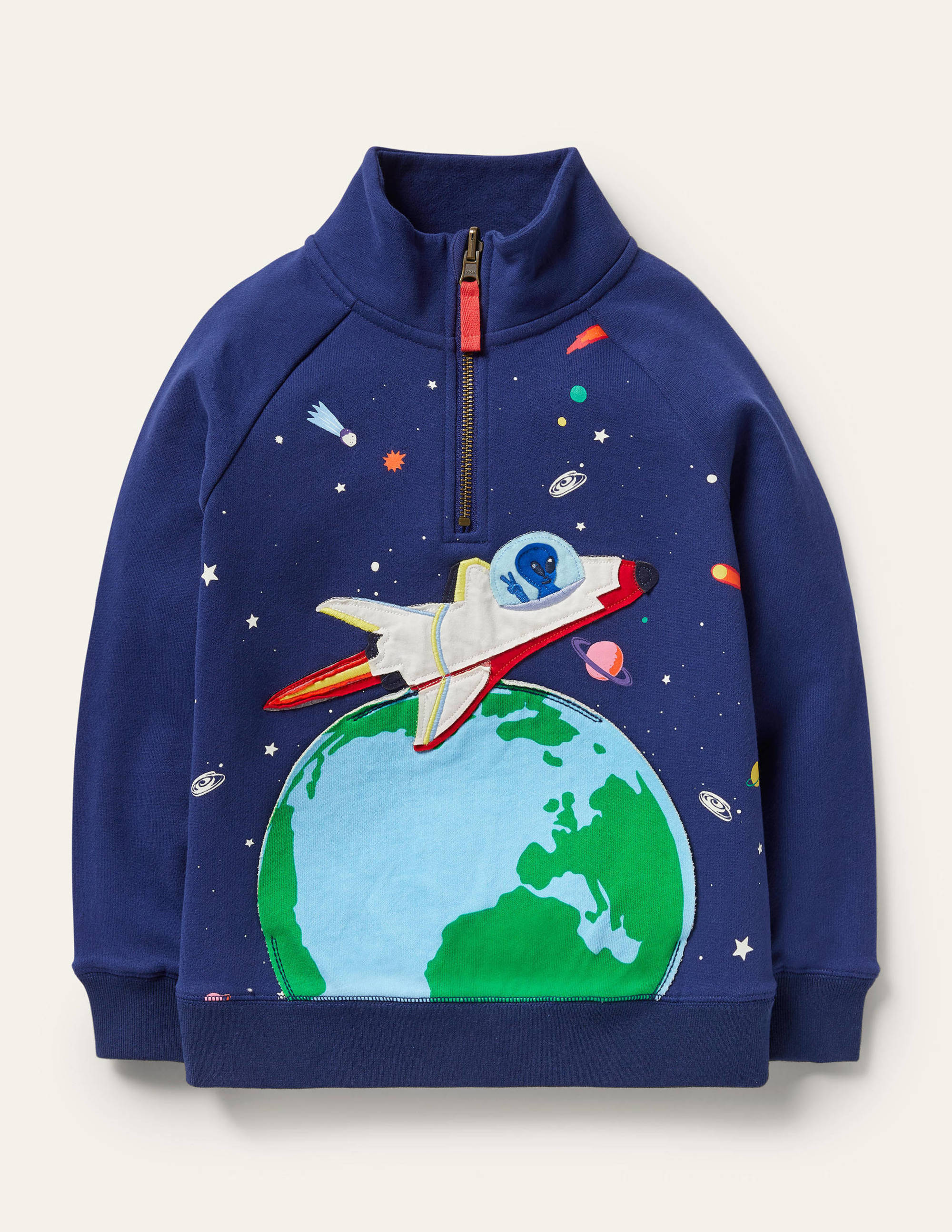 Bequemer Pullover mit halbem Reißverschluss und Applikation-Segelblau, Weltall - Image 1