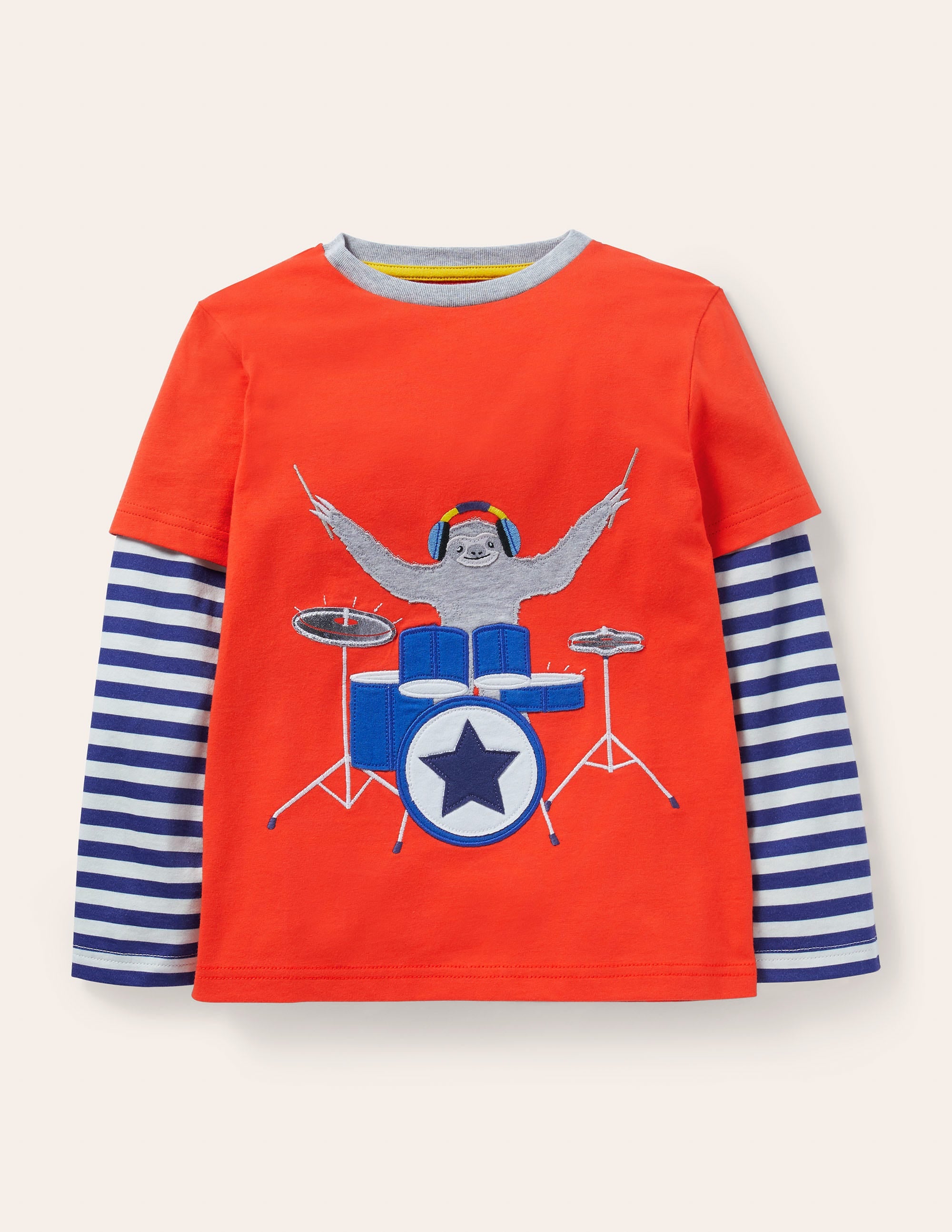 T-Shirt mit gestufter Musik-Applikation-Raketenrot, Faultier - Image 1