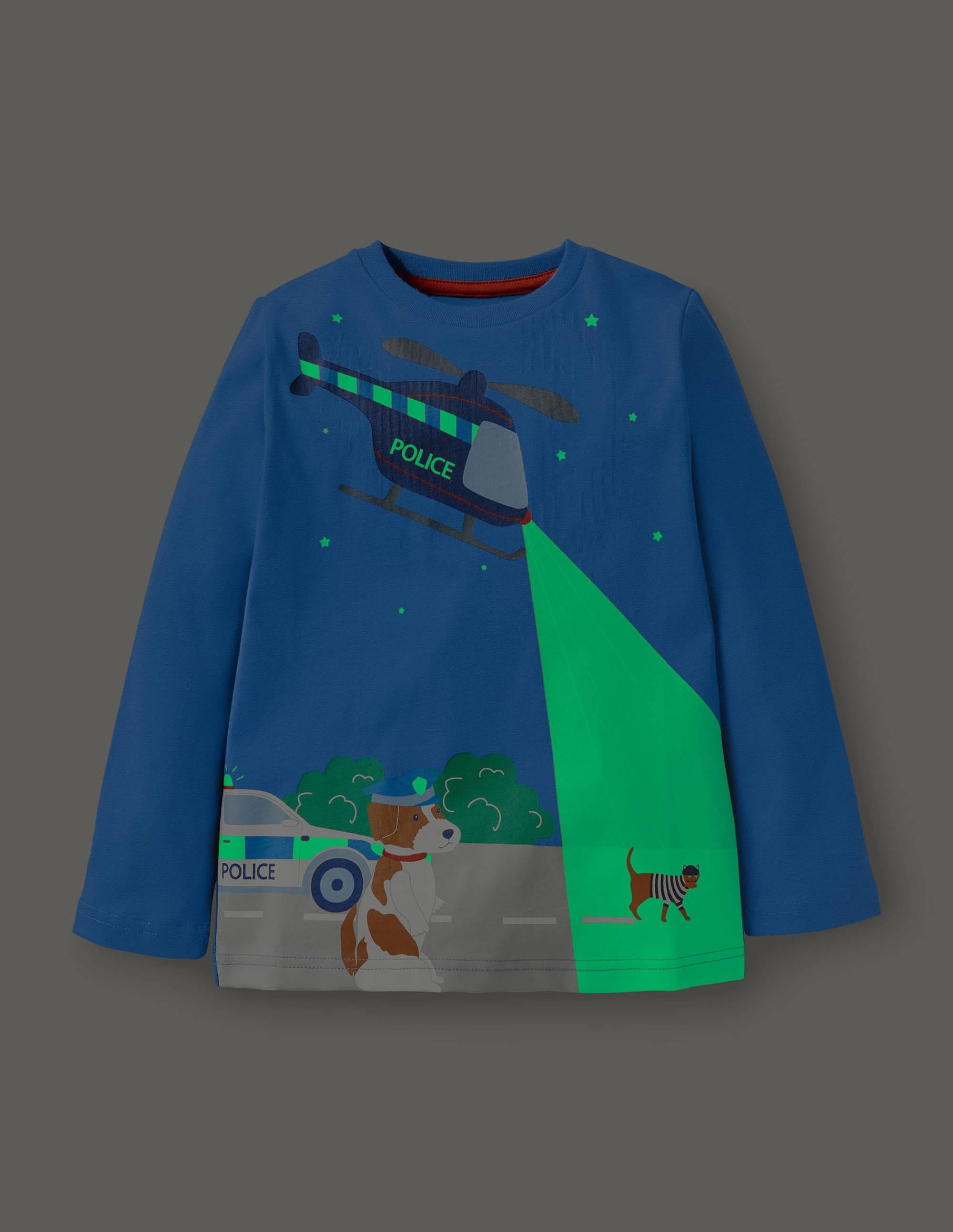 T-Shirt mit leuchtendem Abenteuermotiv-Elisabethanisches Blau, Polizeihündin Sprout - Image 4