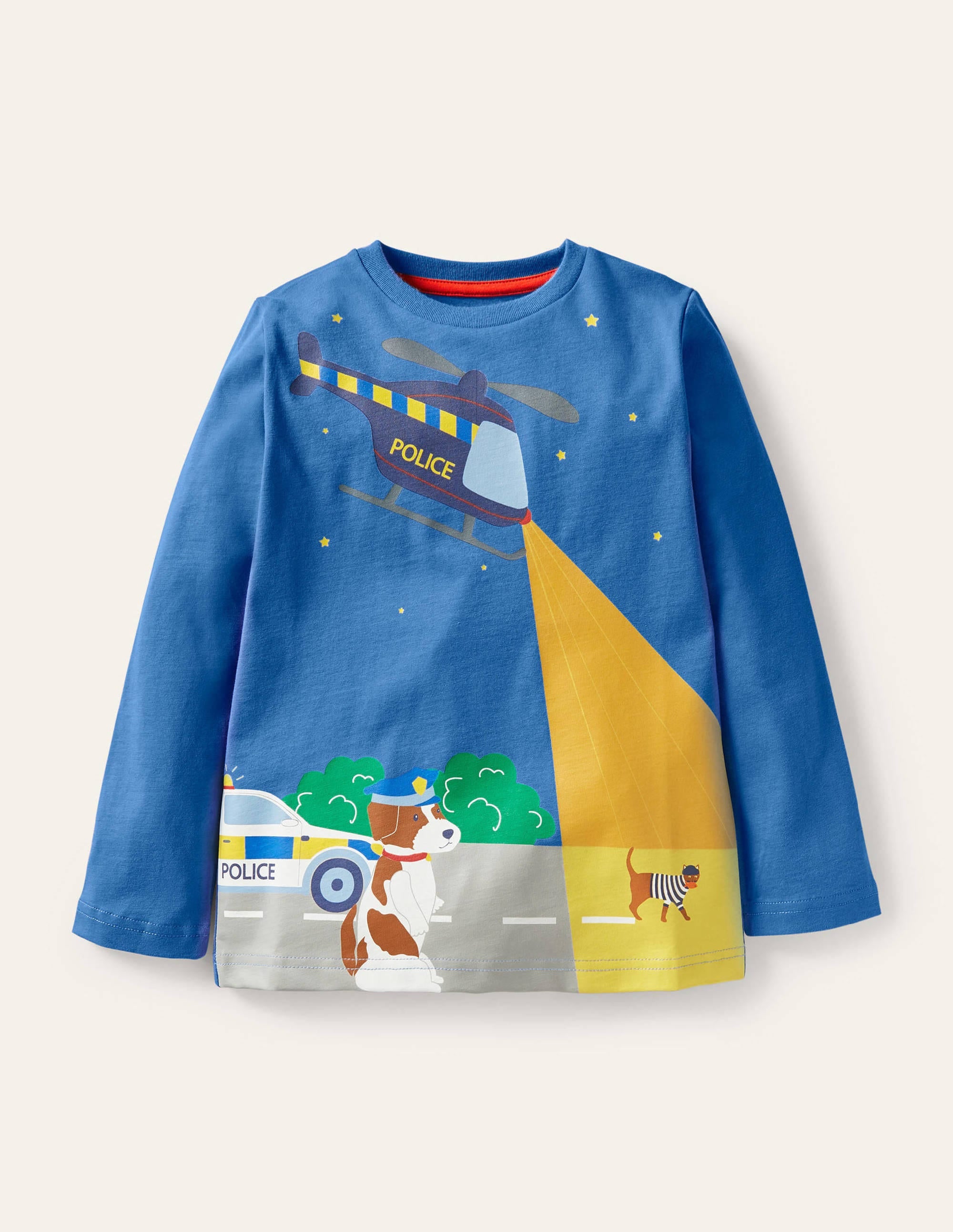 T-Shirt mit leuchtendem Abenteuermotiv-Elisabethanisches Blau, Polizeihündin Sprout - Image 1