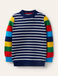 Pullover mit Rundhalsausschnitt und Blockfarben-Schuluniform-Navy/Regenbogen