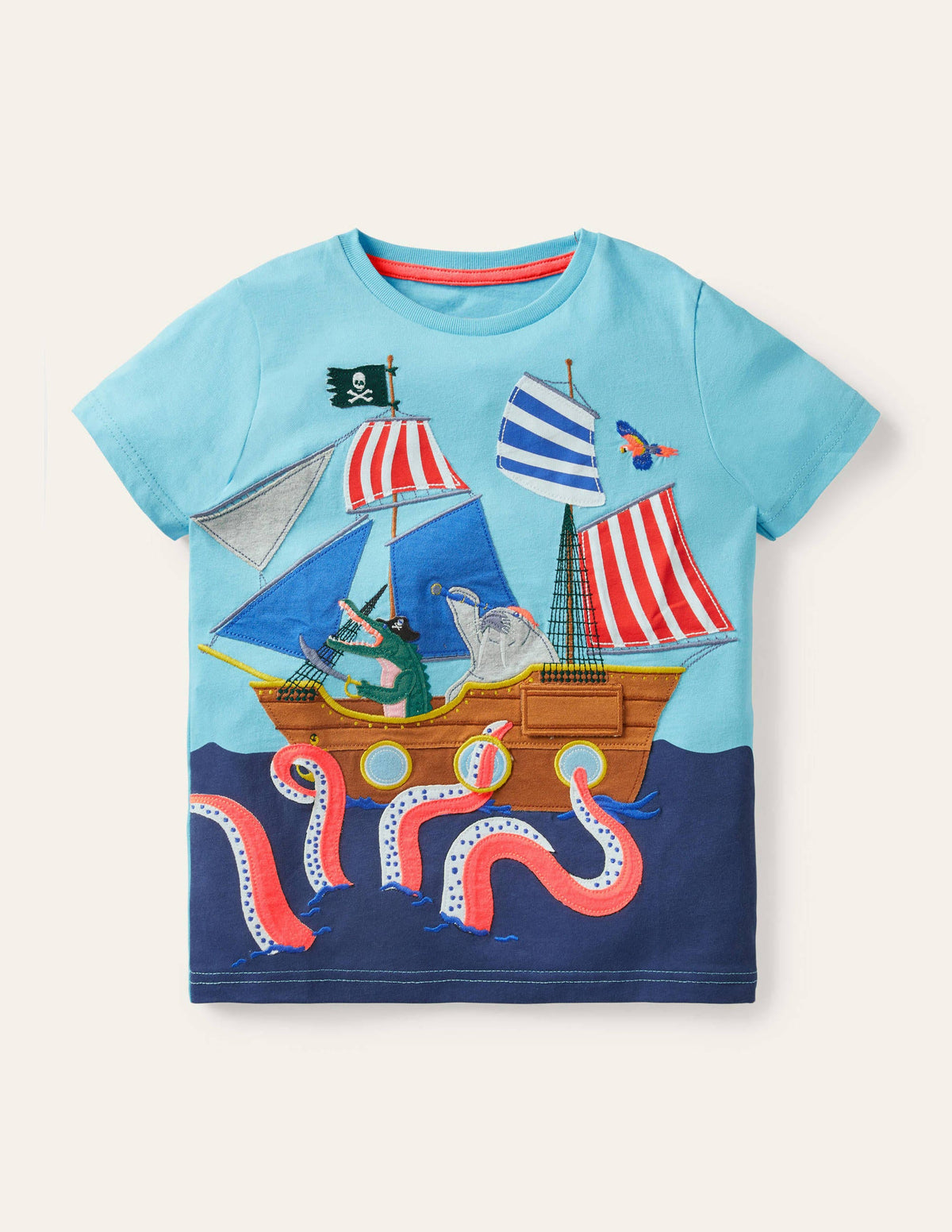 Strand-T-Shirt mit Aufklappmotiv-Meerblau, Piratenschiff-1