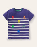 Kurzärmliges Bretonshirt-Schuluniform-Navy/Naturweiß, Totenköpfe