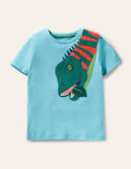 T-Shirt mit lebhafter Tierapplikation-Wasserblau, Dino