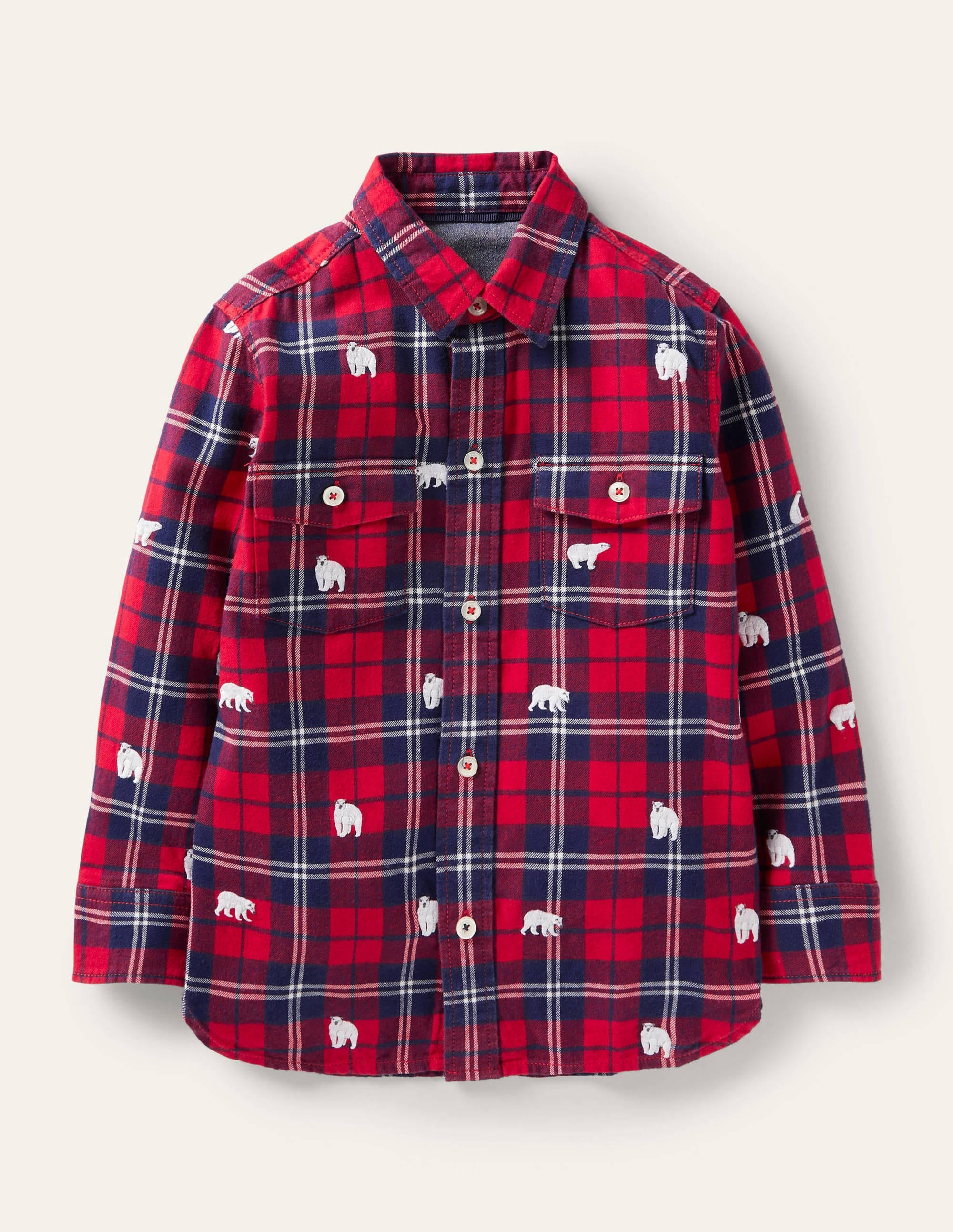 Chemise à carreaux brodée cosy-Ours polaire rouge rockabilly/bleu marine - Image 1