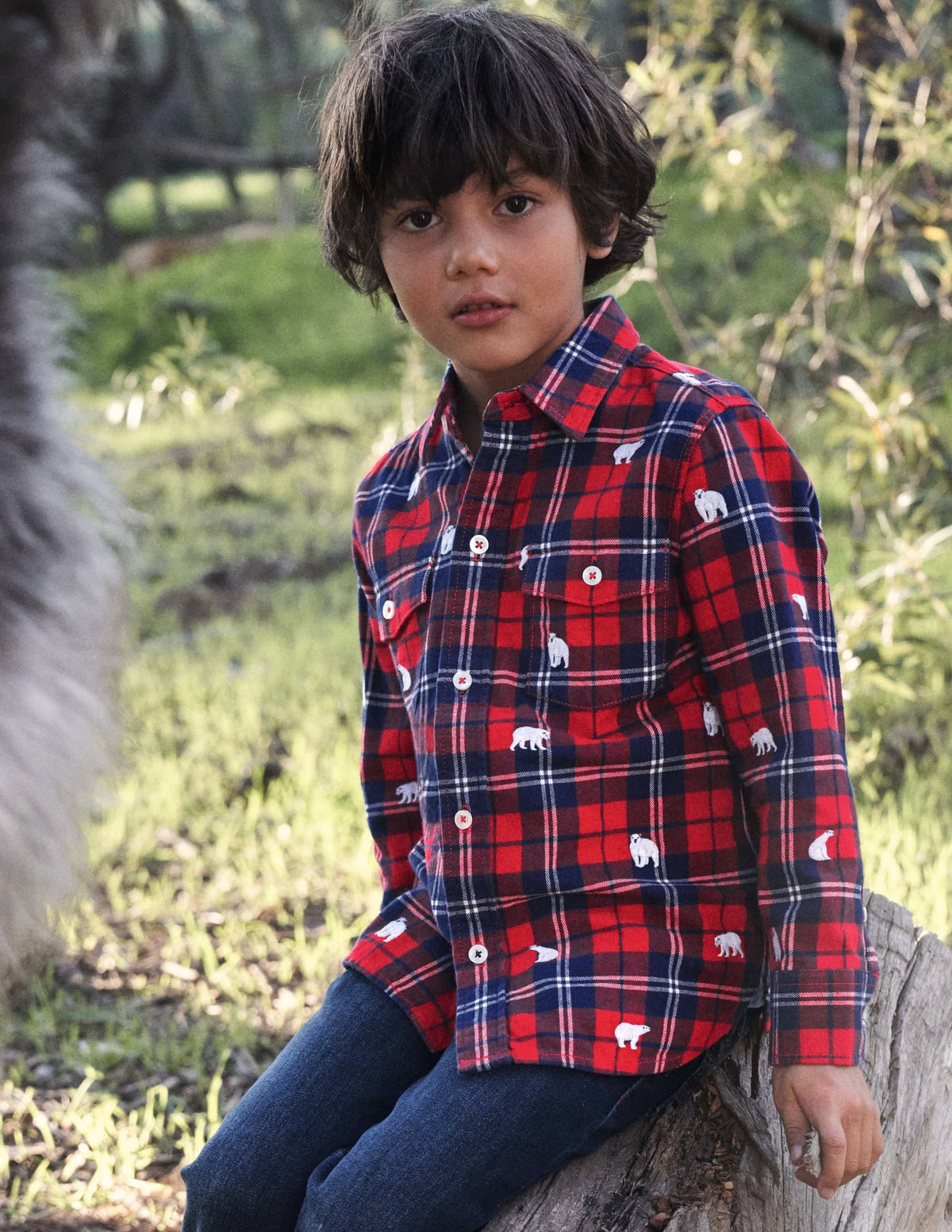 Chemise à carreaux brodée cosy-Ours polaire rouge rockabilly/bleu marine-4