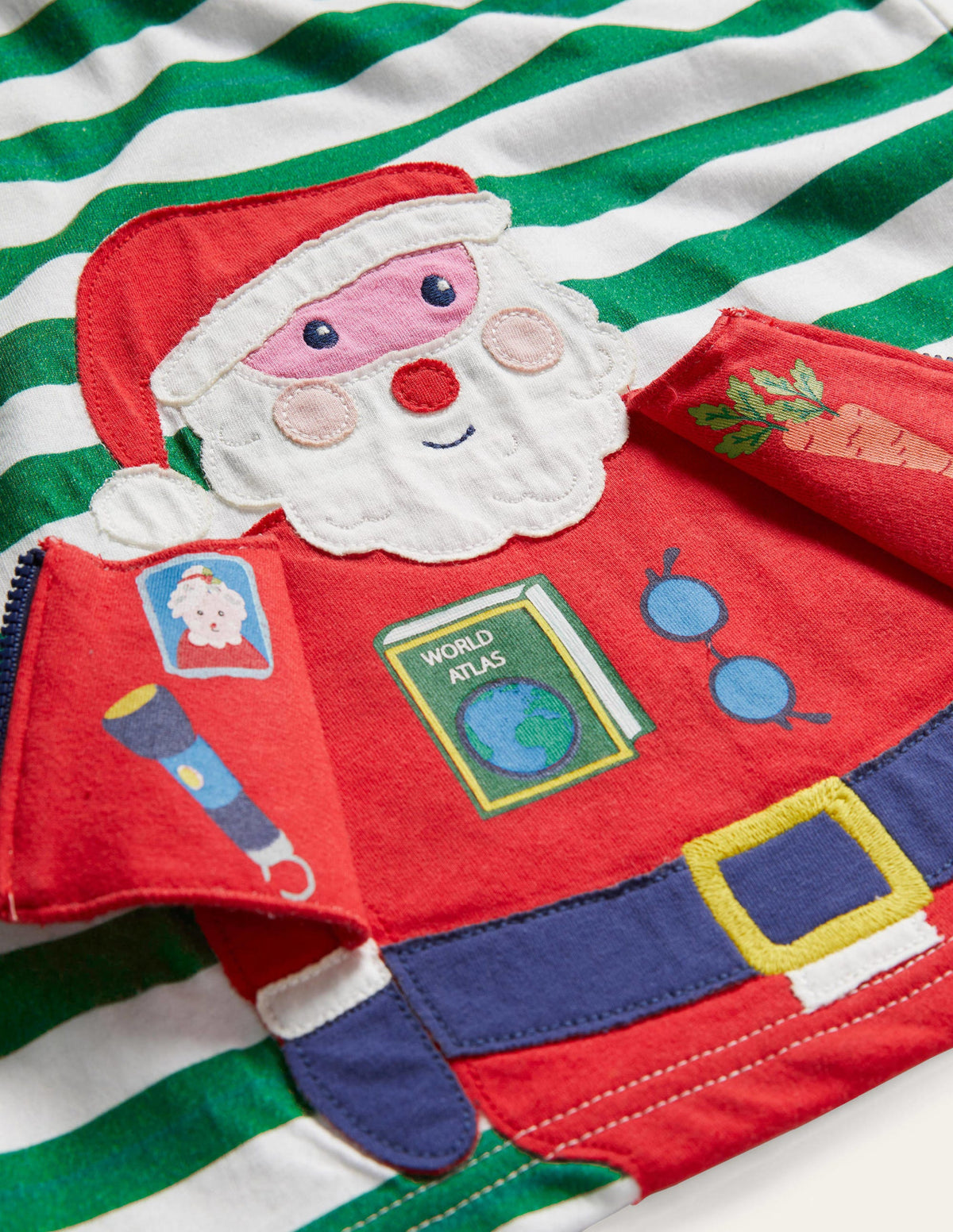 Fröhliches Weihnachts-T-Shirt-Naturweiß/Waldgrün, Weihnachtsmann mit Reißverschluss-3