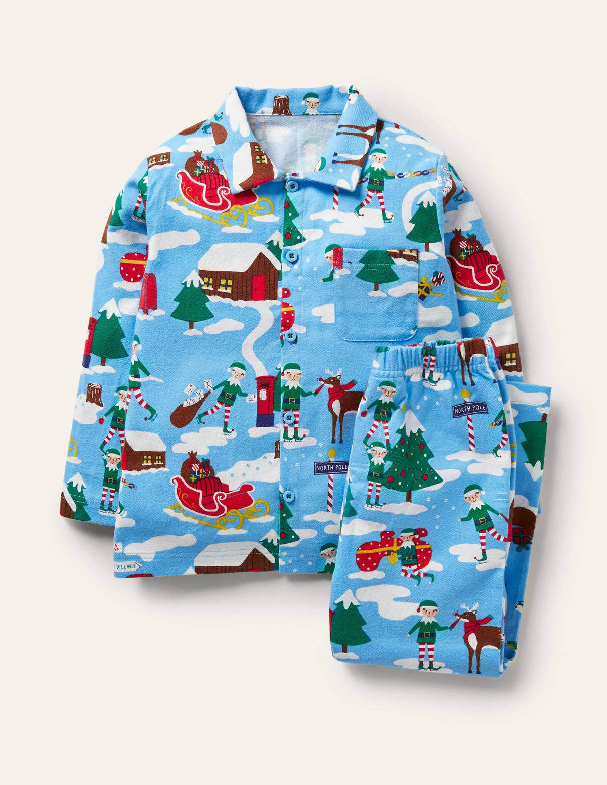 Cosy Brushed Woven Pyjama Set-Surfboard Blue Busy Elves - Image 1