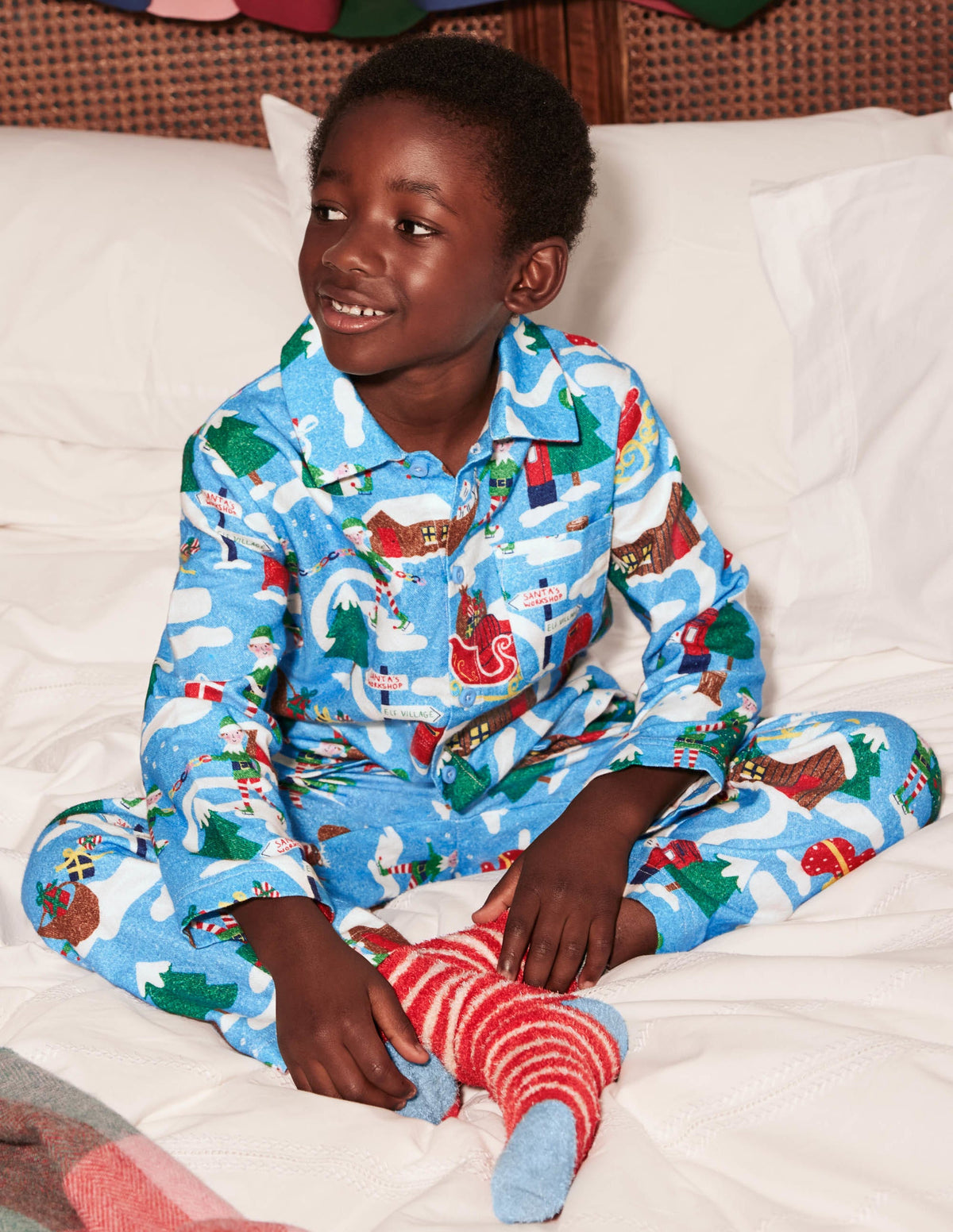 Cosy Brushed Woven Pyjama Set-Surfboard Blue Busy Elves - Image 4