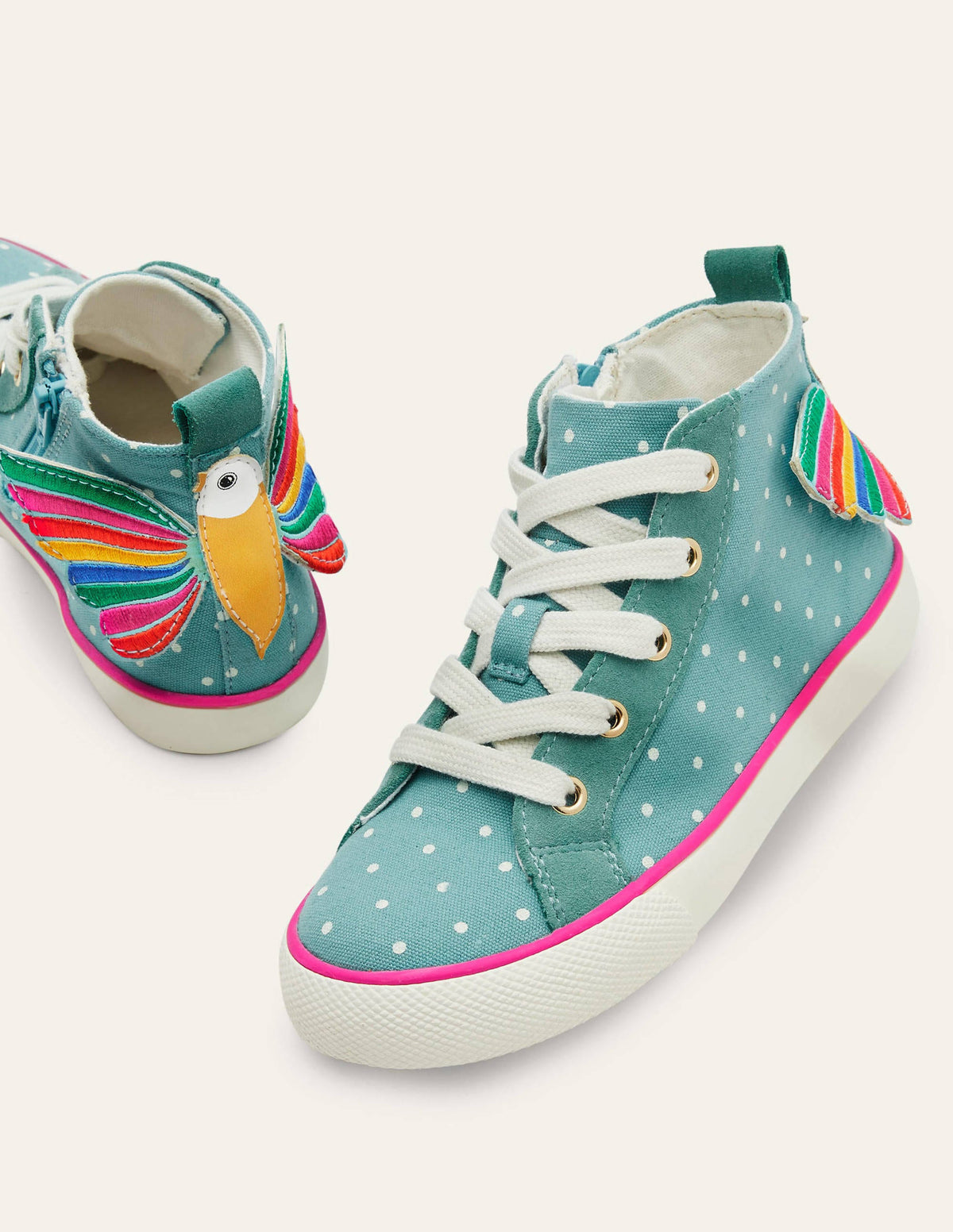 Fröhliche hochgeschnittene Turnschuhe-Bachblau, Regenbogen-Vogel - Image 1