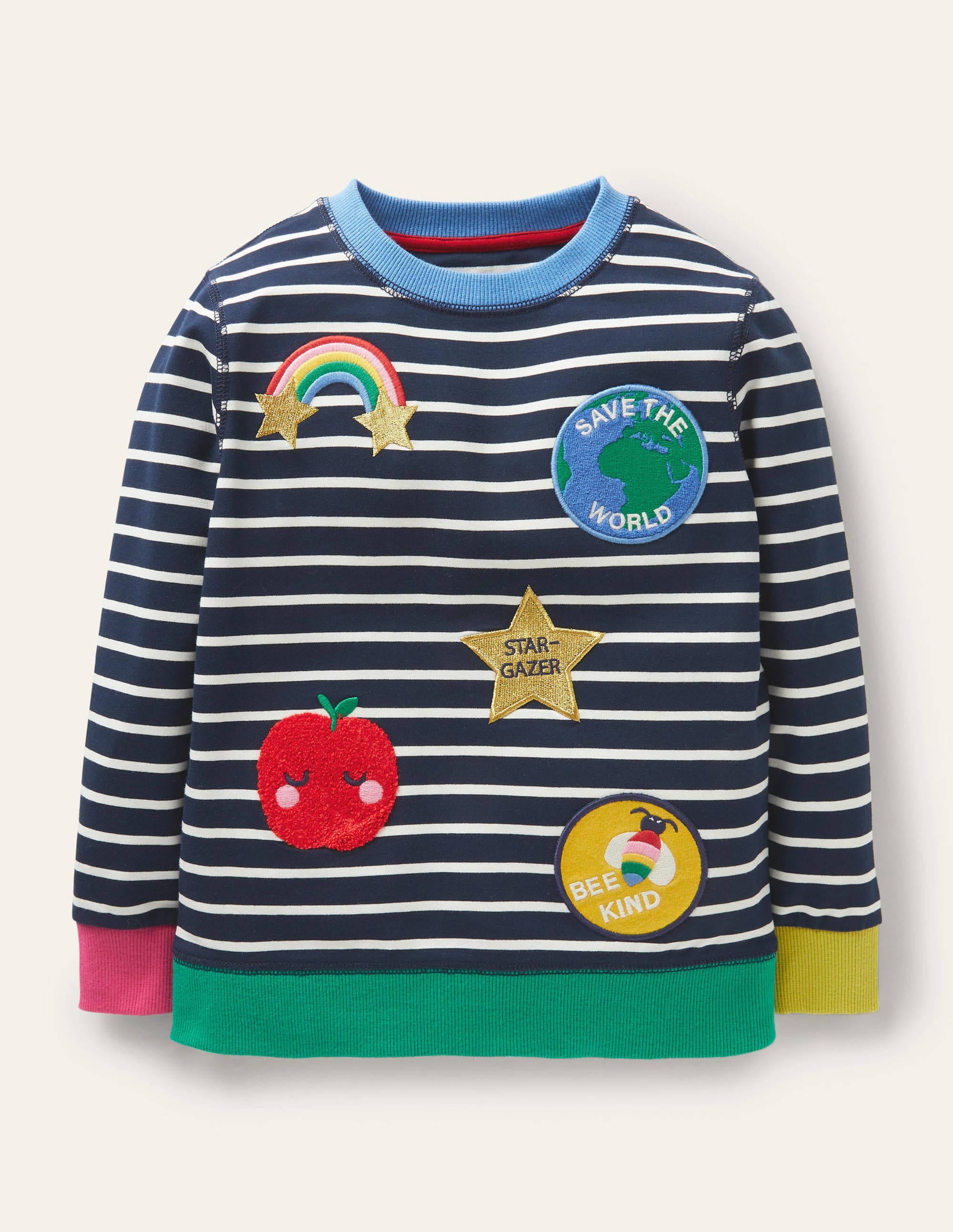 Gestreiftes Sweatshirt mit Abzeichen-Segelblau/Naturweiß - Image 1