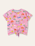 T-shirt noué sur le devant-Chats en vacances rose fleur de prunier