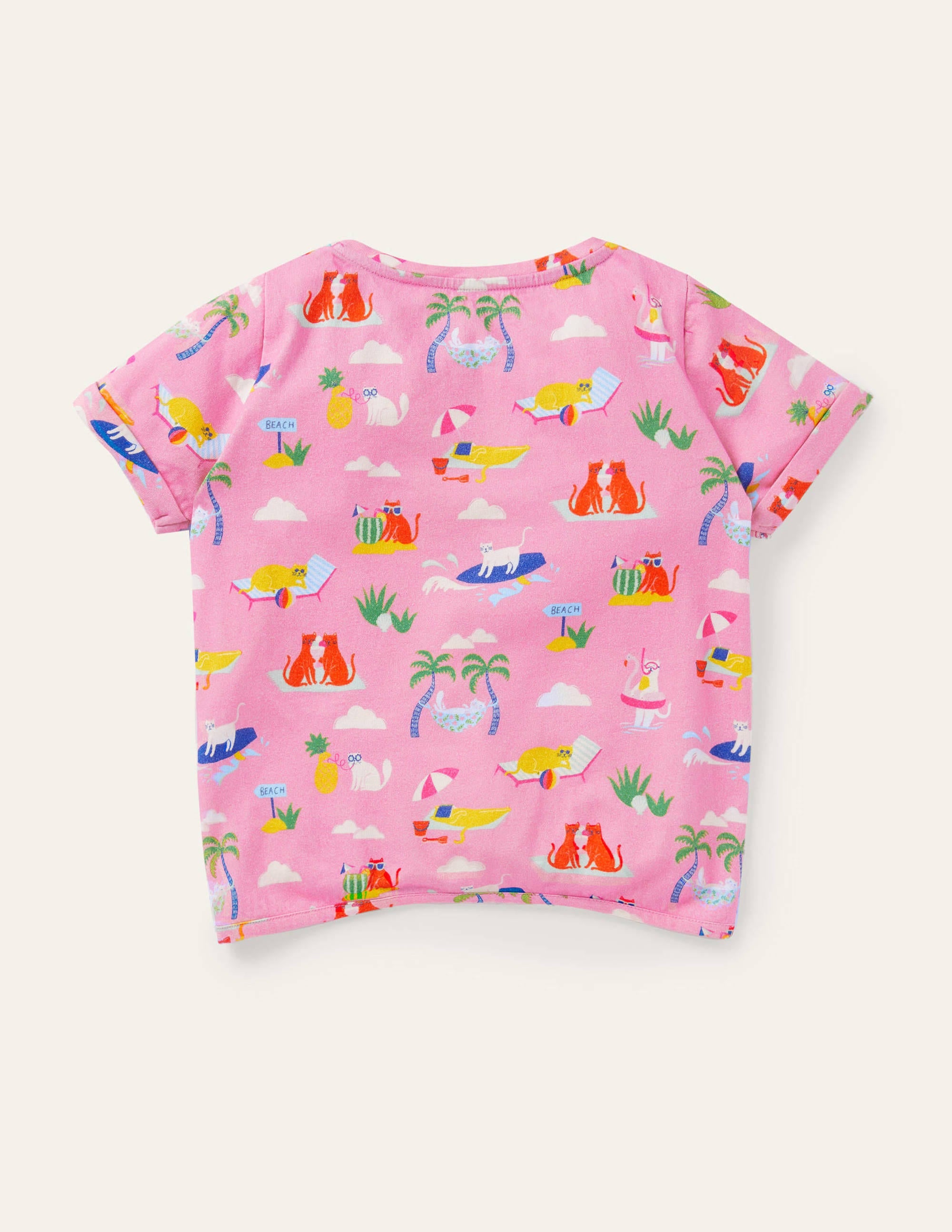 T-shirt noué sur le devant-Chats en vacances rose fleur de prunier - Image 2