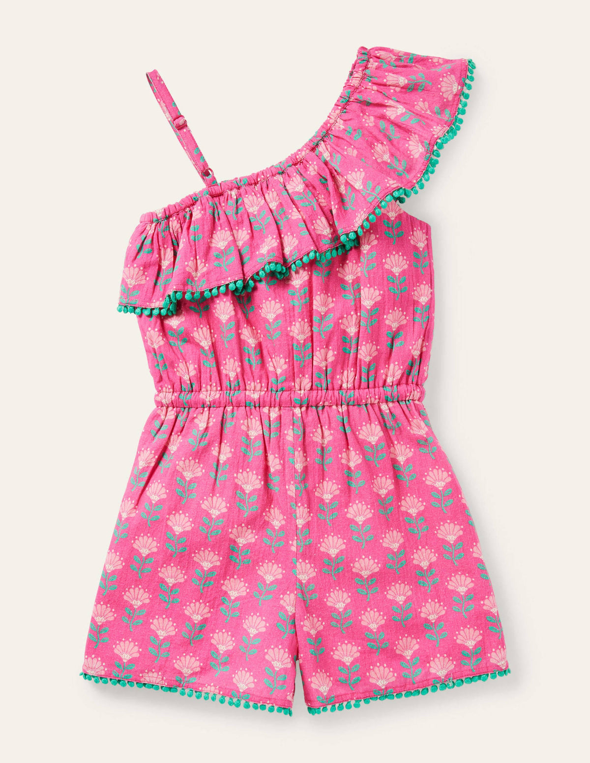 One Shoulder Ric Rac Playsuit-Tickled Pink Woodblock - Image 2