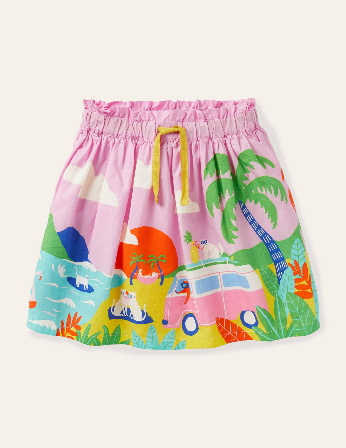 Fun Printed Scene Skirt-Plum Blossom Pink Holiday Cats - Image 1