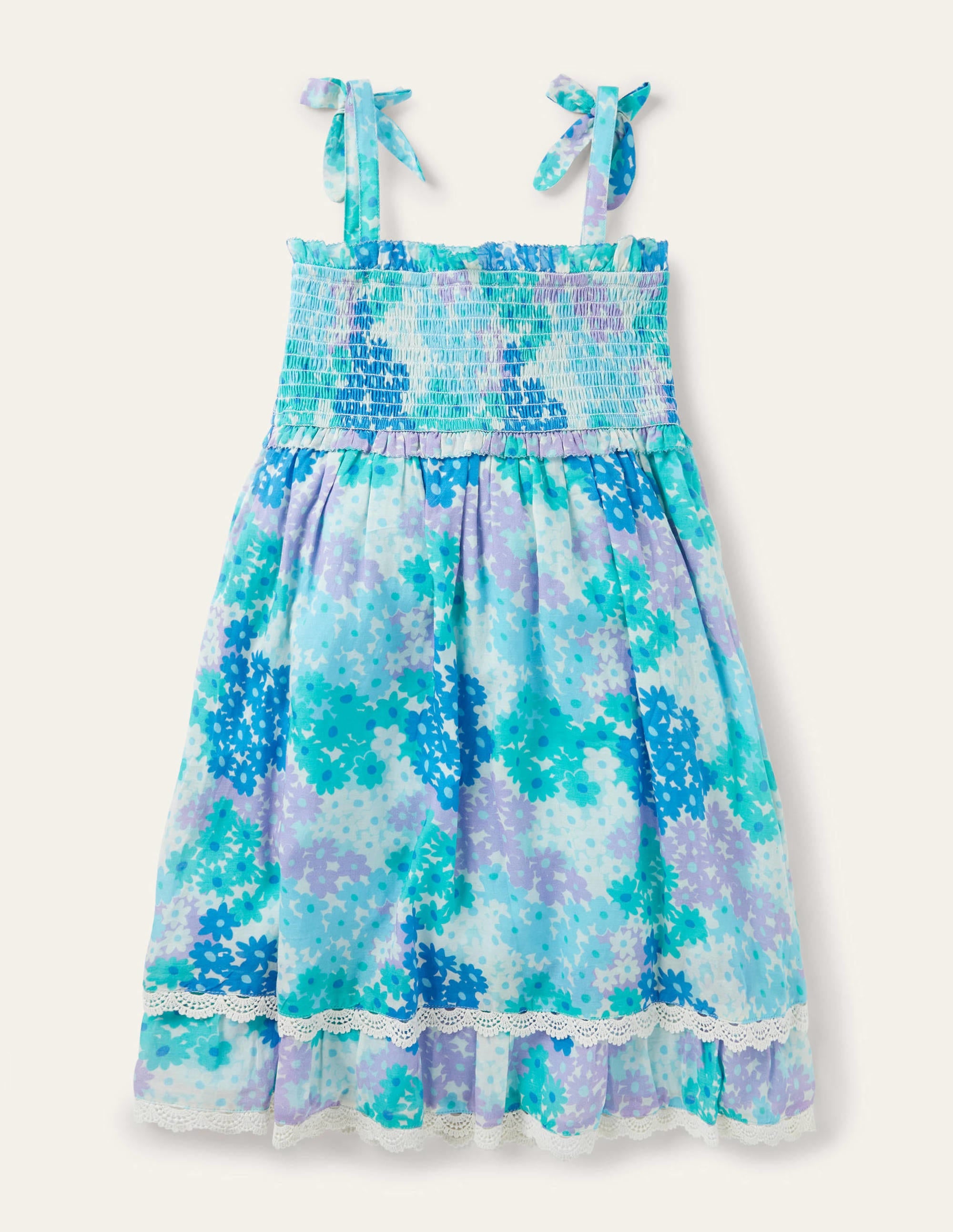 Gemustertes Kleid mit Spitzenborte-Marokkoblau, Gänseblümchenmuster - Image 2