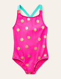 Maillot de bain imprimé croisé dans le dos-Pois métallisés rose fuchsia