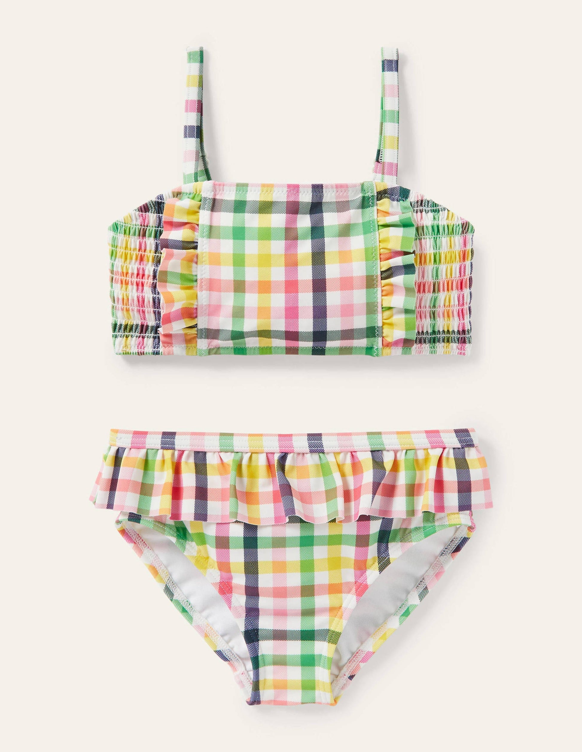 Nostalgischer Bikini mit Smokdetail-Bunt, Regenbogenfarbene Vichykaros-1