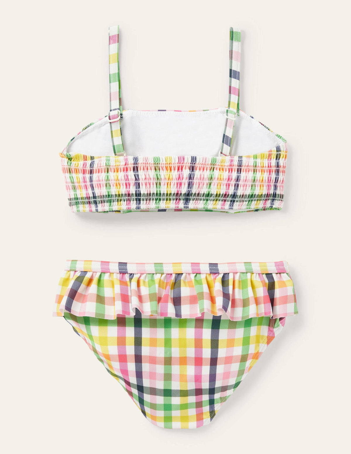 Nostalgischer Bikini mit Smokdetail-Bunt, Regenbogenfarbene Vichykaros-2