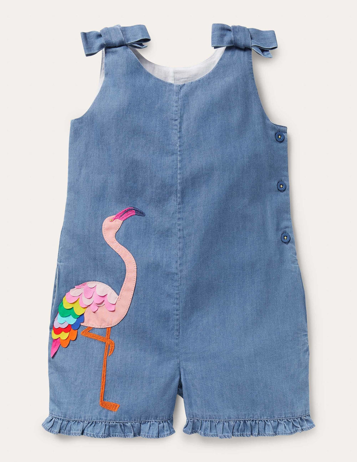 Tie Shoulder Frill Playsuit-Chambray Flamingo-1