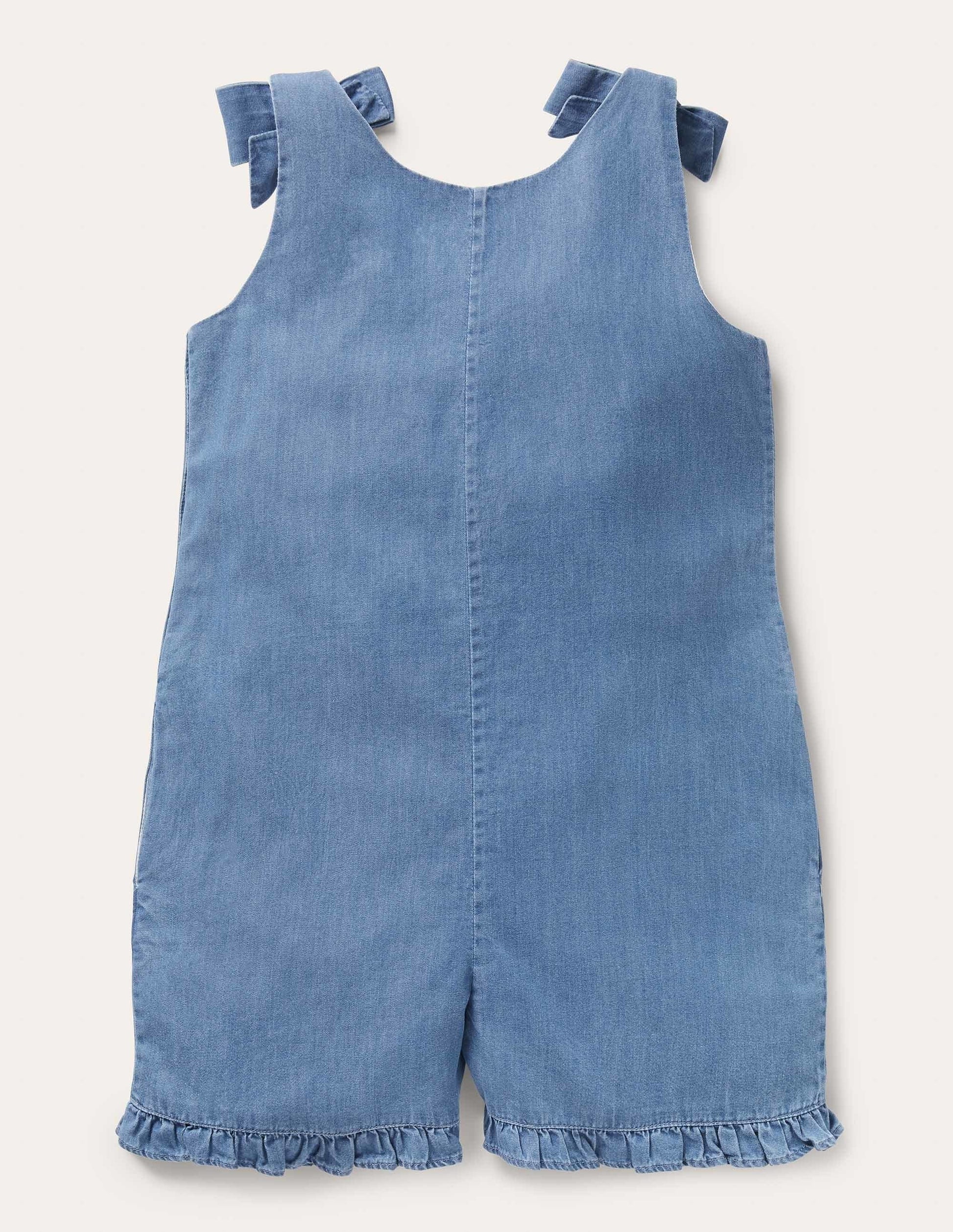 Tie Shoulder Frill Playsuit-Chambray Flamingo-2