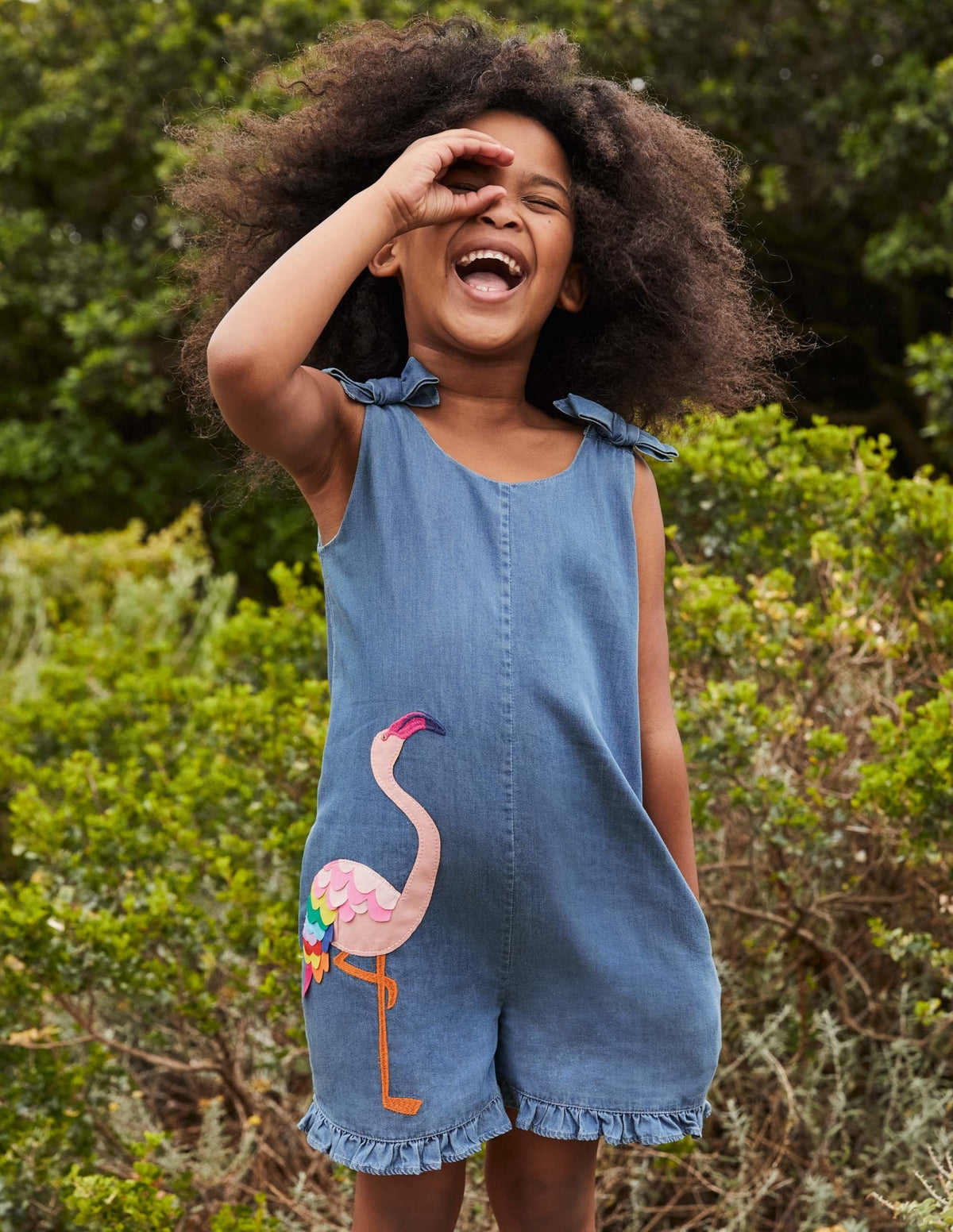 Tie Shoulder Frill Playsuit-Chambray Flamingo - Image 4