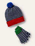 Gestreifte Strickmütze und -handschuhe-Schuluniform-Navy/Naturweiß