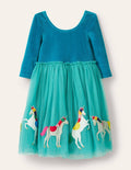 Tüllkleid mit Samtoberteil-Bachblau, Einhörner