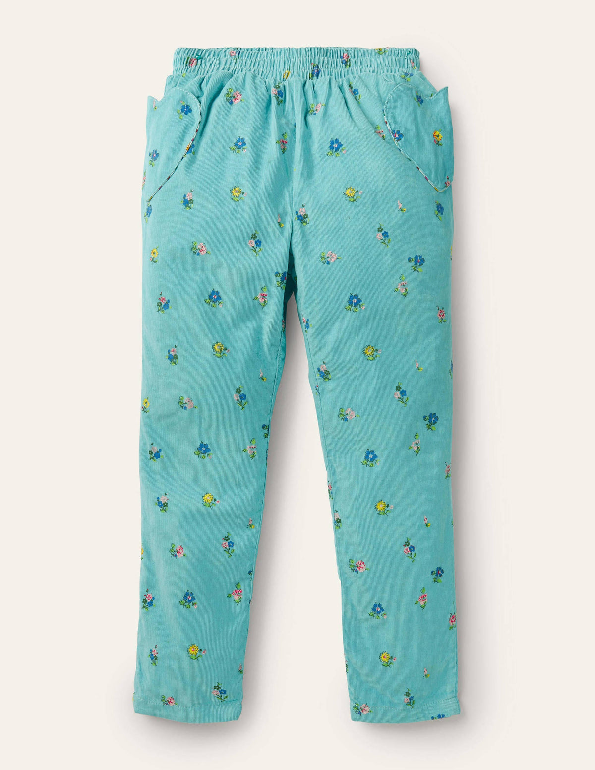 Gefütterte Cordhose zum Hineinschlüpfen-Eisblau, Patchwork-Blumen-1