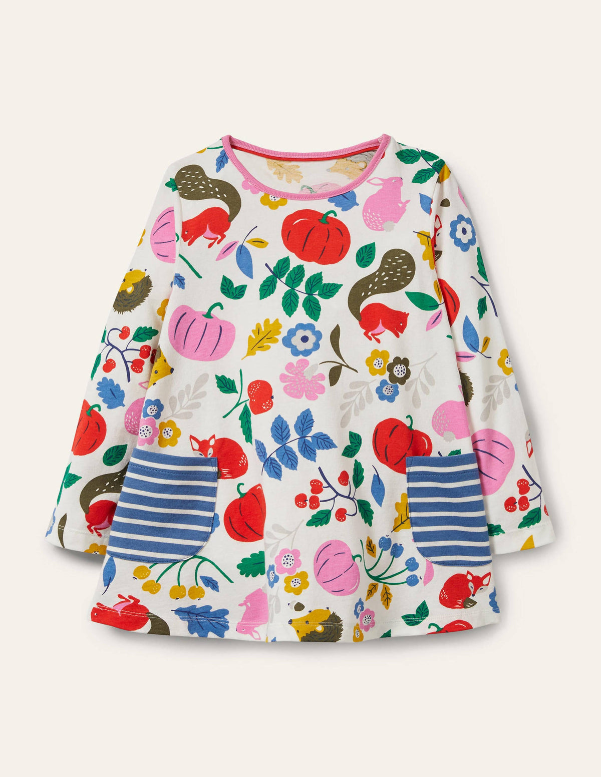 Gemusterte Jersey-Tunika mit Taschen-Naturweiß, Waldfreunde - Image 1