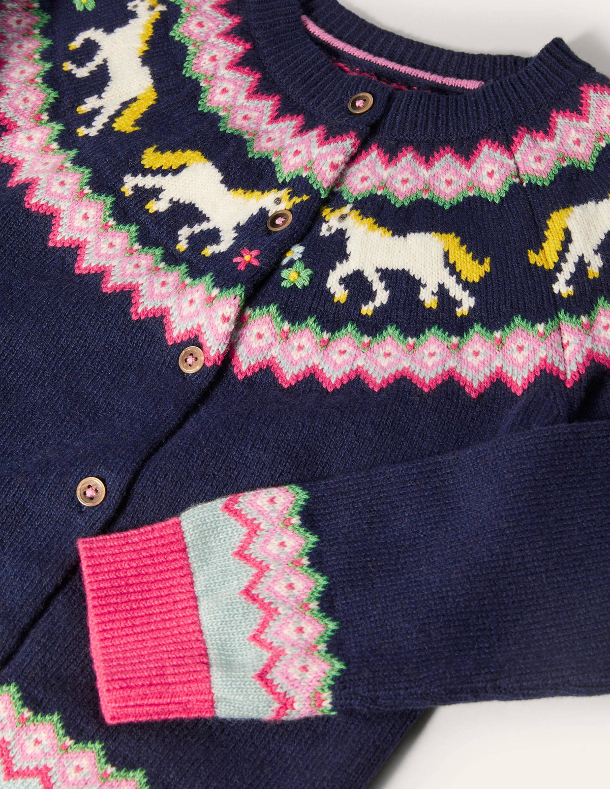 Gemütlicher Fair-Isle-Cardigan-Schuluniform-Navy, Einhörner - Image 3