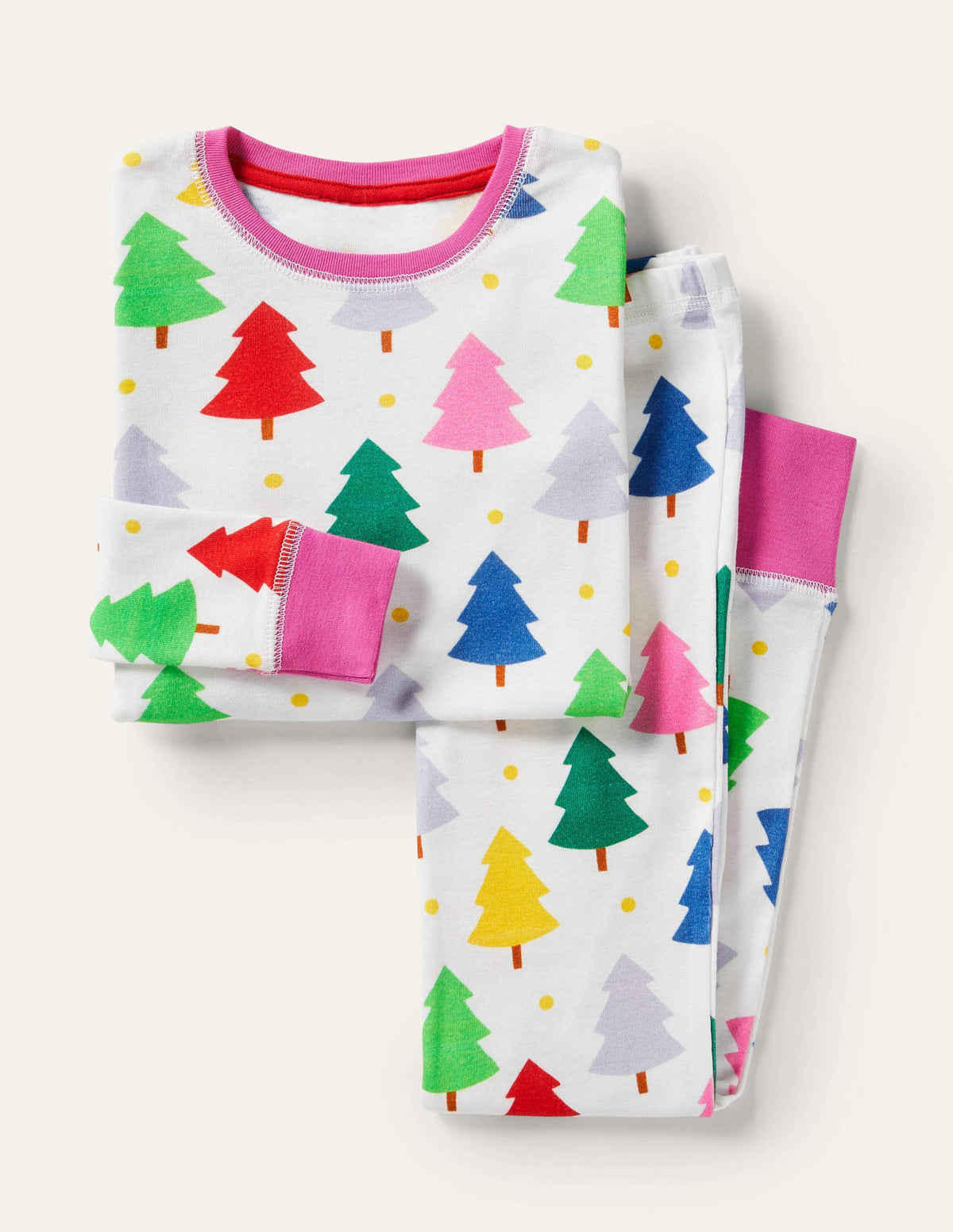 Langer Schlafanzug mit anliegender Passform-Naturweiß/Regenbogen, Weihnachtsbäume-1
