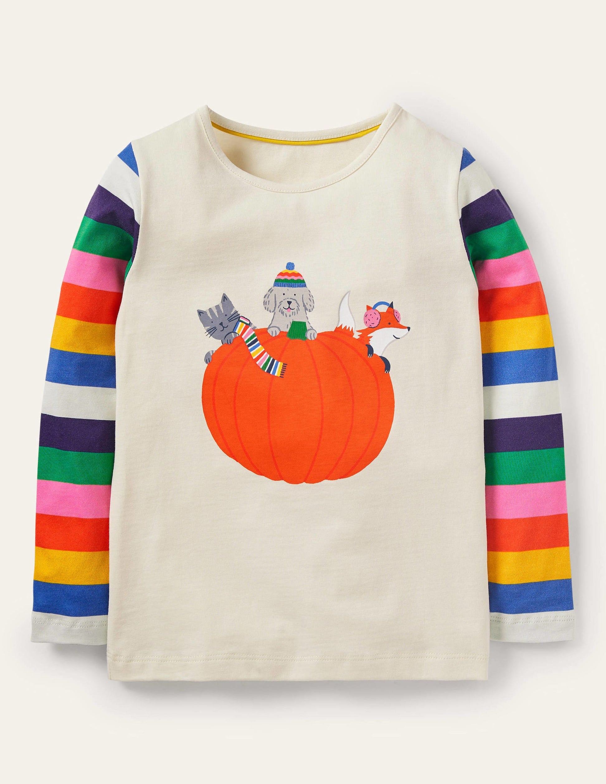 Mustermix-T-Shirt mit Tiermotiv-Bunt/Naturweiß, Gestreift/Kürbis-1