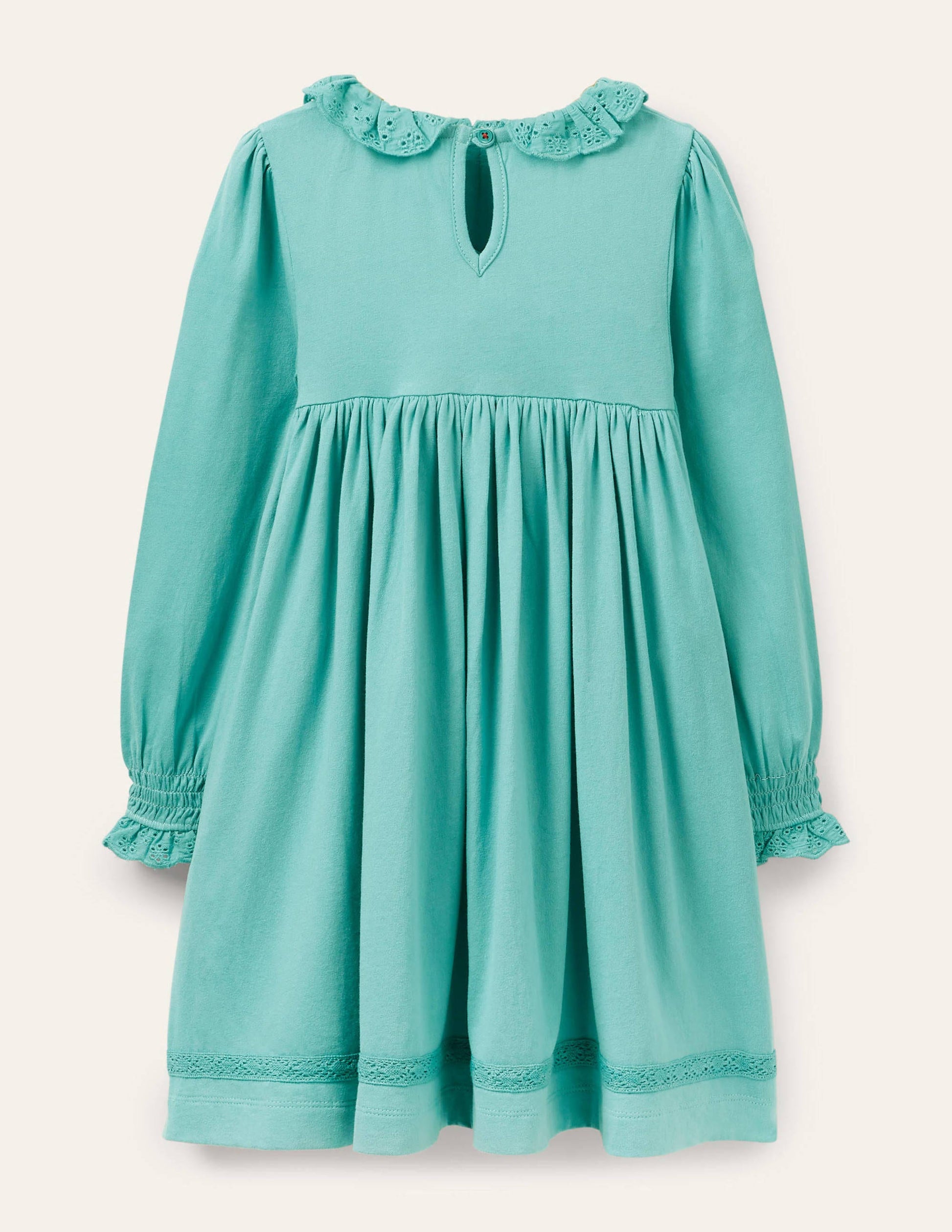Jerseykleid mit Lochstickerei am Kragen-Bachblau-2