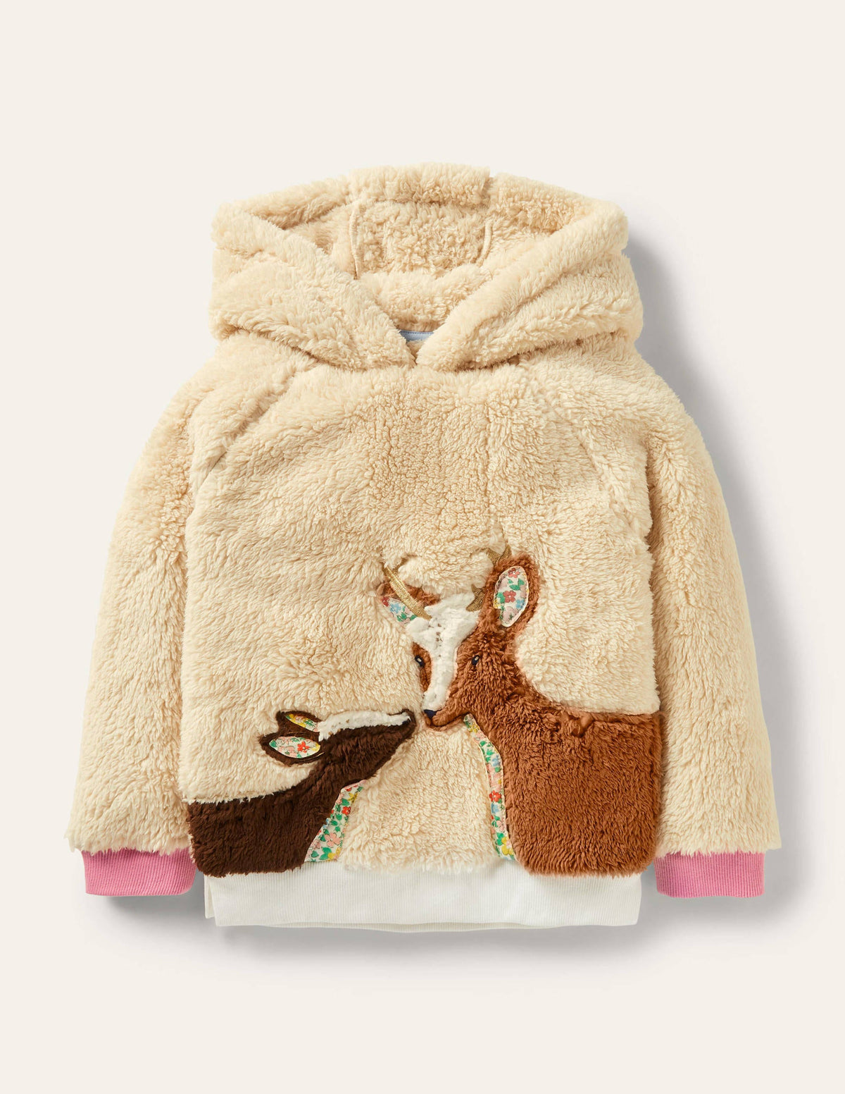 Borg-Hoodie mit Applikation-Beige, Rehe - Image 1