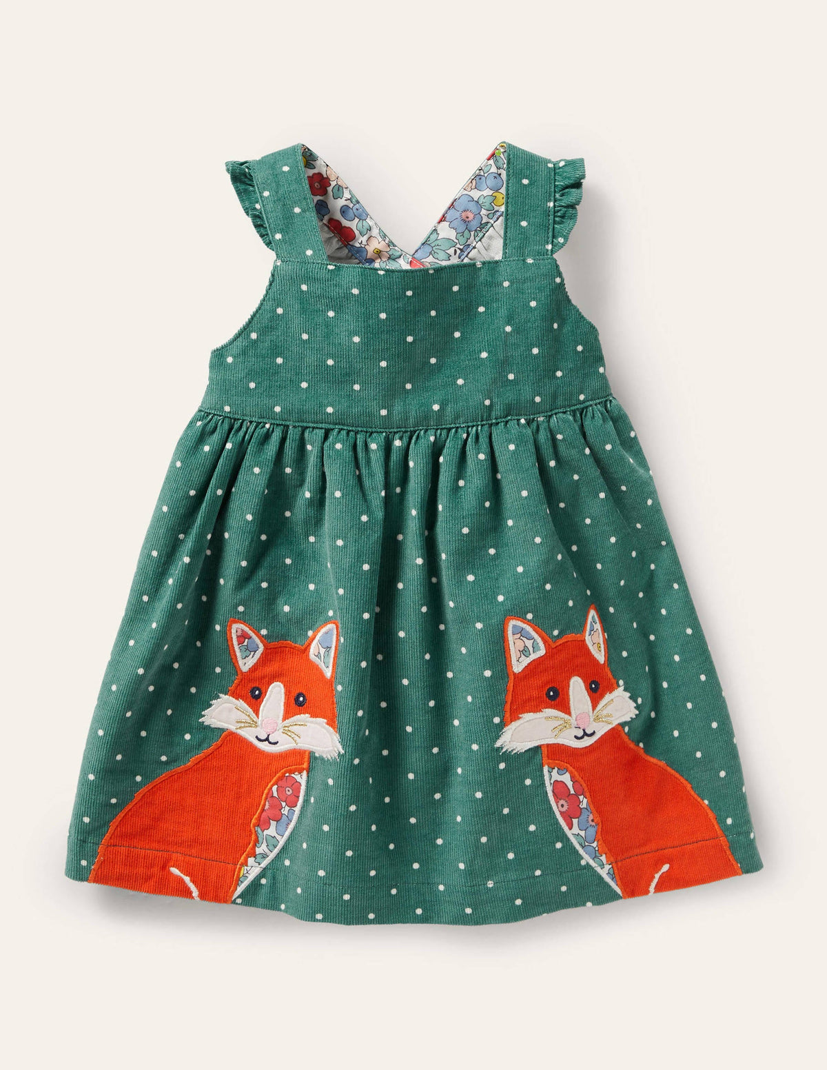 Robe chasuble à pois en velours côtelé avec appliqués-Renards vert Sardaigne - Image 1