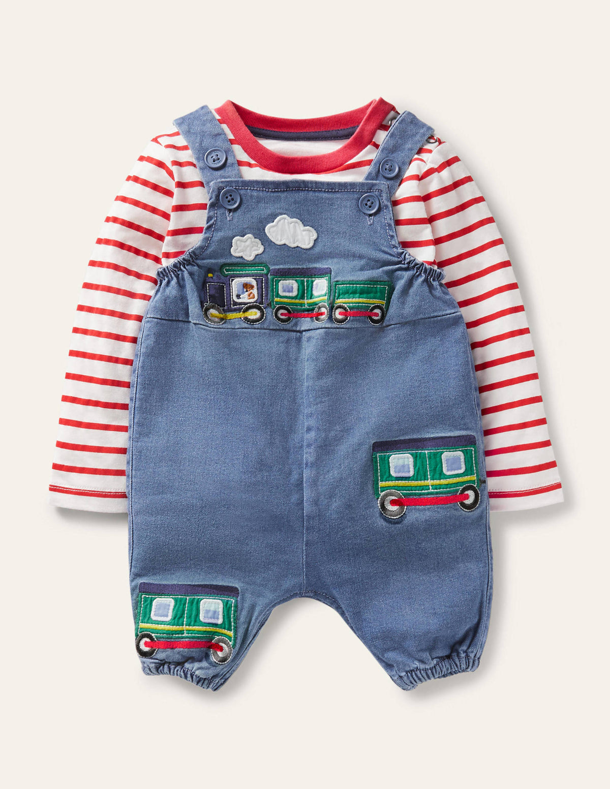 Fröhliches Latzhosen-Set-Chambray-Denim, Züge - Image 1