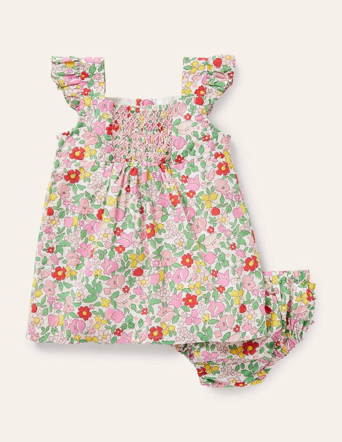 Robe florale à smocks-Motif petites fleurs limonade rose-1