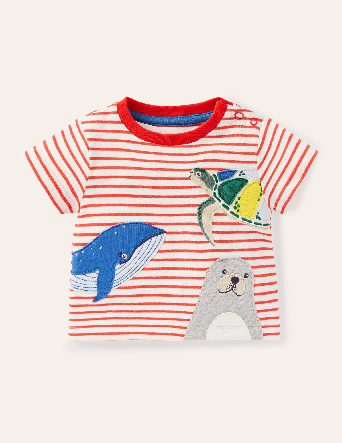 Gestreiftes T-Shirt mit neugierigen Tieren-Naturweiß/Rot, Tiefsee - Image 1