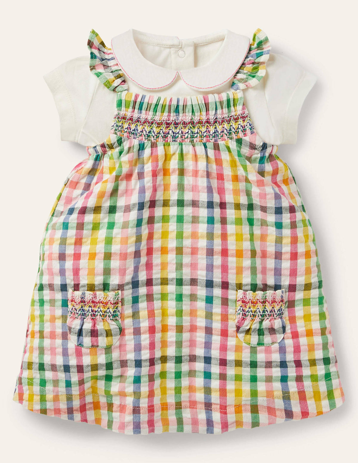 Smocked Gingham Pinnie Set-Party Pink Gingham-1