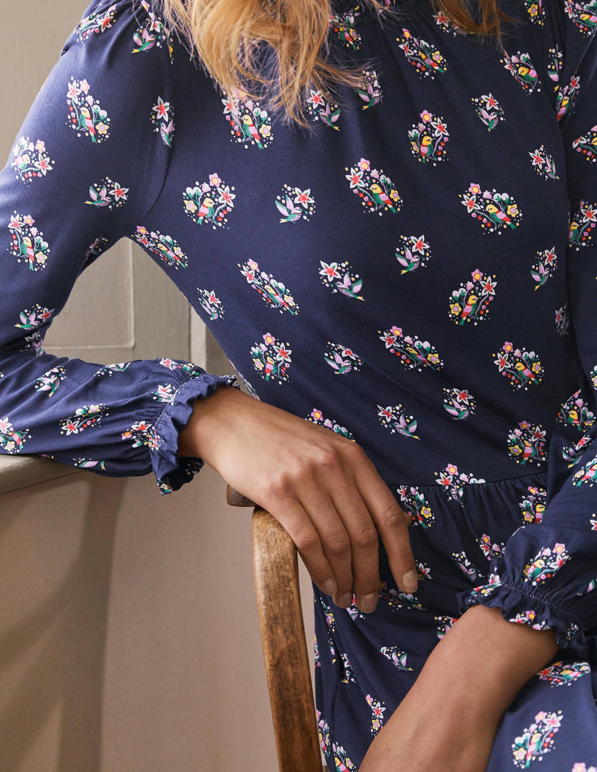 Clara Jerseykleid-Navy, Zarte Vögel - Image 2