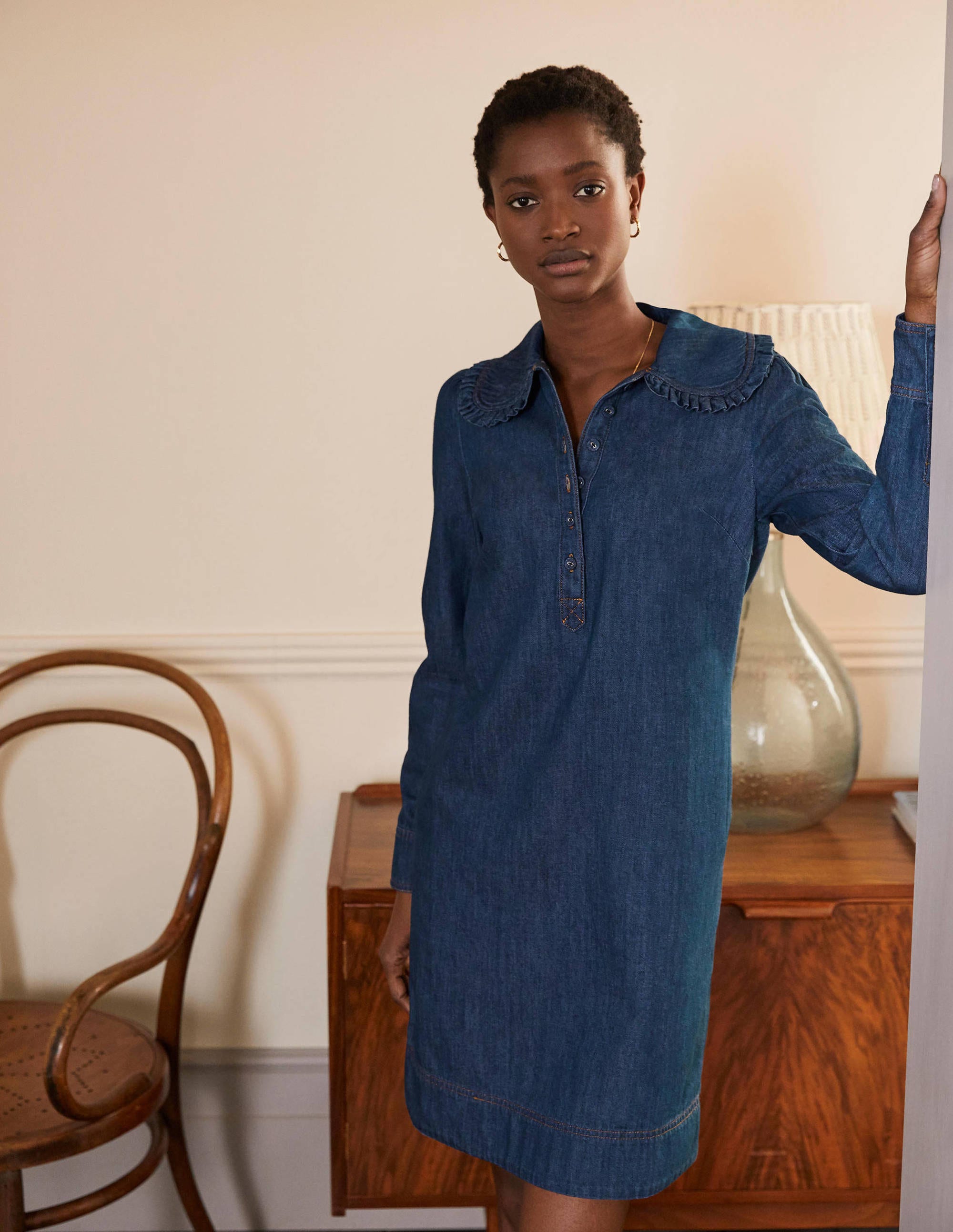 Denimkleid mit Statement-Kragen-Mittleres Vintageblau, Denim - Image 1