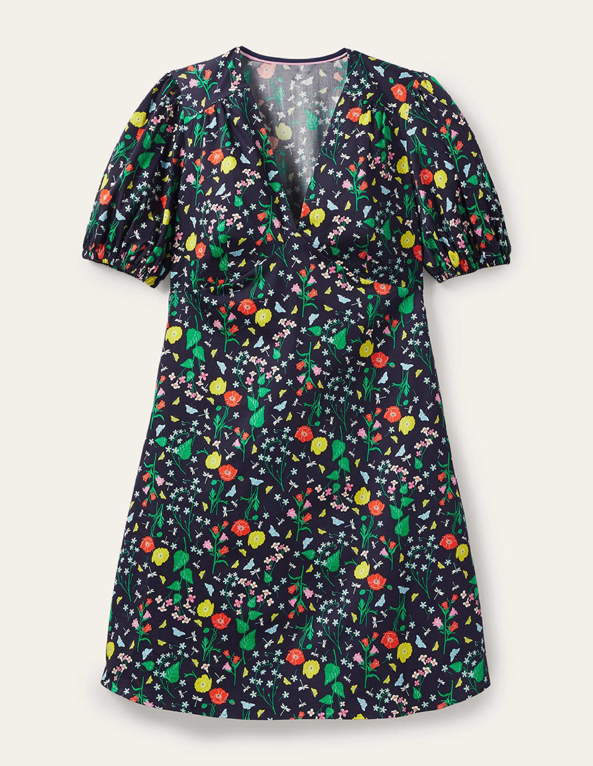 Baumwollkleid mit Puffärmeln-Französisches Navy, Schmetterling-Garten-5