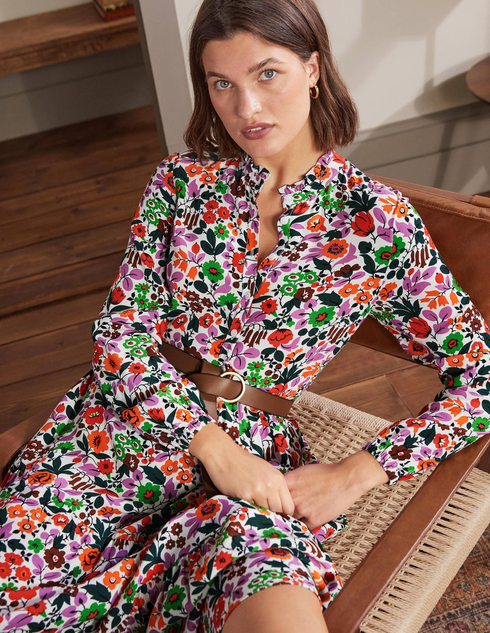 Tiered Maxi Shirt Dress-Ivory, Floral Forest-1